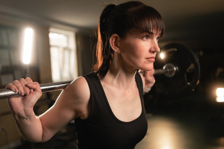 Beautiful sportwoman in a gym perfoms exercises with a barbell. Healthy lifestyle conceptの写真素材
