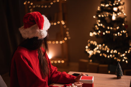 Young woman sitting table looking Christmas tree with lights illumination dreaming on Christmas Eve making a wishの写真素材
