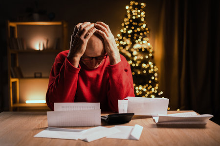 Worried mature men cheeking mail or bills late night in home office during christmas holidays, holding head with hands, finance problem and headache.の写真素材