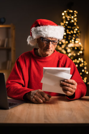 Senior man opens and reads a Christmas letter to Santa Claus while sitting in his home officeの写真素材
