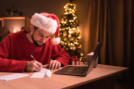 Men wearing Santa hat writing greeting cards at home office during christmas