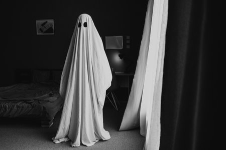Black and white photo of ghost covered with a white ghost sheet in the room at home. Halloween Conceptの写真素材