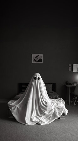 Ghost inside bedroom at night. Horror scene at home. Halloween concept.の写真素材