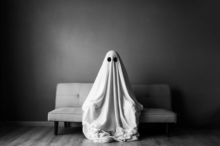 Ghost covered with a white ghost sheet on a sofa in the living room. Halloween conceptの写真素材
