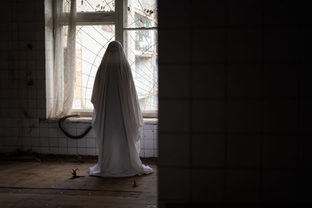 Scary man ghost wearing white sheet in abandoned building horror. creepy horror story atmosphere....