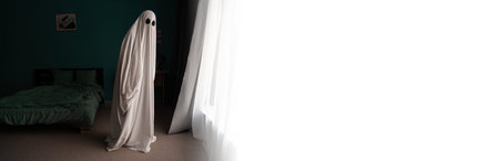 Ghost in the room at house. Horror scene of scary spirit near window, halloween concept.