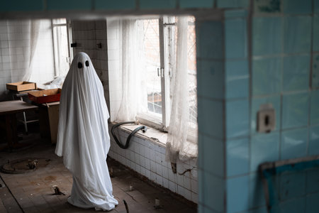 Ghost in abandoned ruined house, halloween good spirit scene