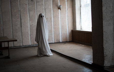 Ghost in abandoned house. Scene of scary spirit of a widow, Halloween concept.の写真素材