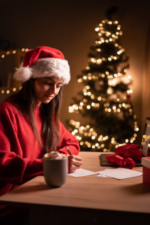 Young cute woman wearing red sweater writing greeting cards or letter late evening at home office during christmas.の写真素材