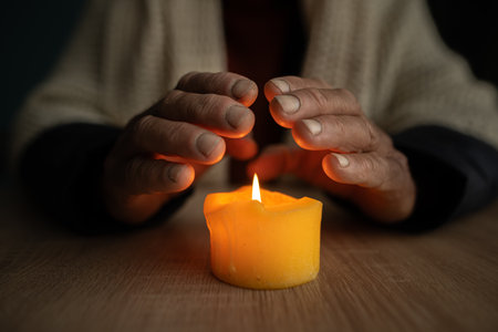 Close-up of old man hands at home at a table warms his hands from a burning candle. Concept of no heating in winter at home.の写真素材