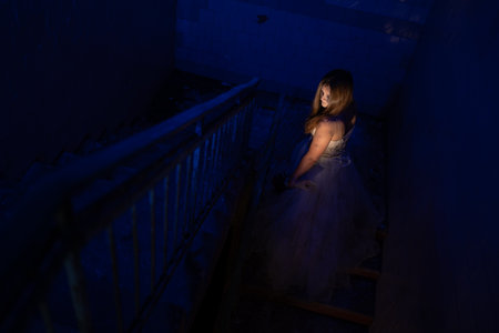 Scary ghost halloween theme, horror woman in white dress with long hair in haunted house. Halloween scary concept.の写真素材