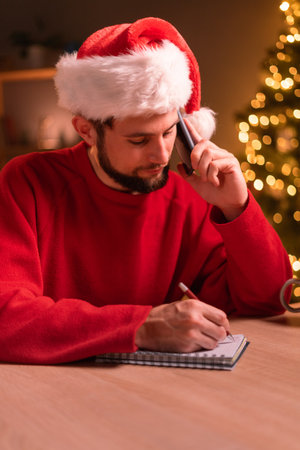 Male freelancer answering phone call and writing in notebook while working on remote project on Christmas day at homeの写真素材