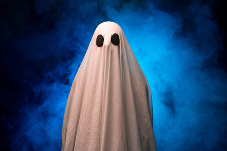 White Ghost on Black Background in the fog. Halloween concept