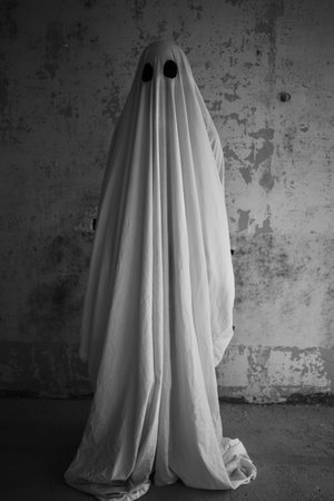 Ghost in a white sheet on wall background in abandoned houseの写真素材