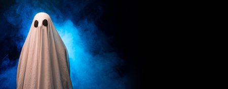 Ghost in sheet on black background with smoke. Halloween conceptの写真素材