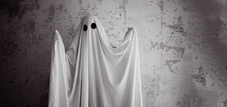White ghost with black eyes, made from a bedsheet. Banner.