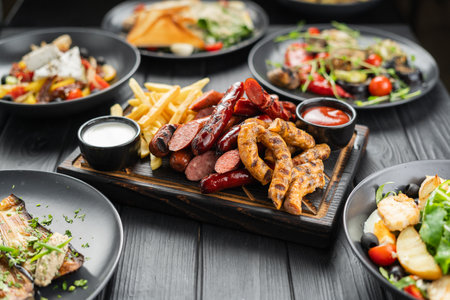 Assorted grilled sausages grilled on the barbecue with vegetables salad on wooden table. Restaurant grill menuの写真素材