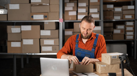 Warehouse worker sticking barcode label on a package box, order for shipping in a warehouse.