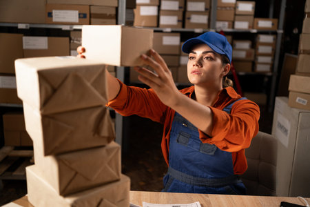 Woman working in a warehouse. Cardboard boxes standing on a warehouse table where rows of shelves...