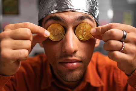 close-up a conspiracy theorist in a protective foil hat with bitcoin coins in his eyes raised his...