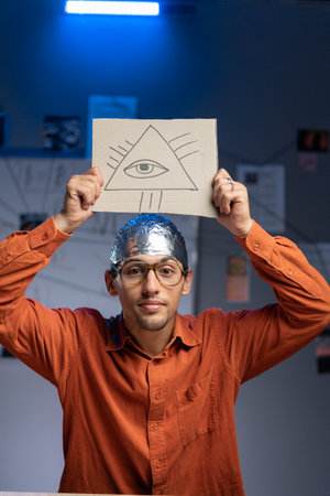 Strange man in a foil hat with masonic symbol All-seeing eye of God. Fake news conspiracy theoriesの写真素材