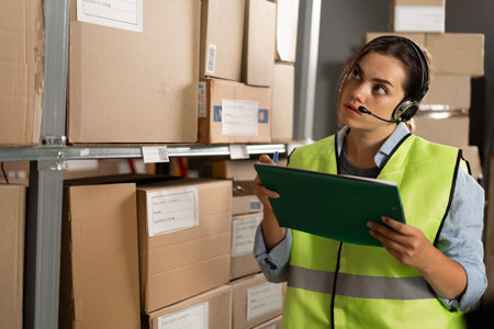 warehouse worker checks the items against an inventory list on a clipboard. A logistics manager takes inventory using a warehouse management system in a distribution center.の写真素材