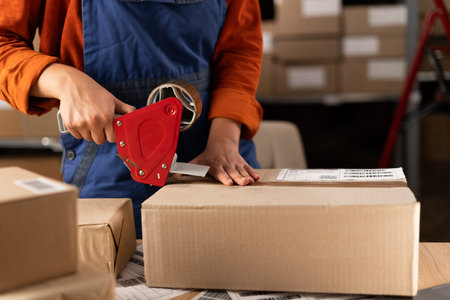 Female worker in a goods warehouse in the retail trade packaged a box with adhesive tape