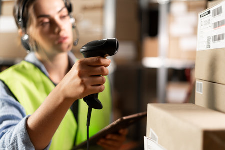 woman worker in headset at logistics warehouse using digital tablet. against the background of shelves with cardboard boxes scans a barcode with a scanner.の写真素材