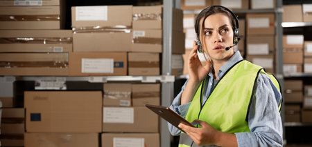 brazilian female worker in headset at logistics warehouse using digital tablet. speaks into a microphone against the background of shelves with cardboard boxes.の写真素材