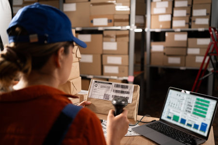 Woman worker working with warehouse management system with barcode reader and laptop computer. Girl...