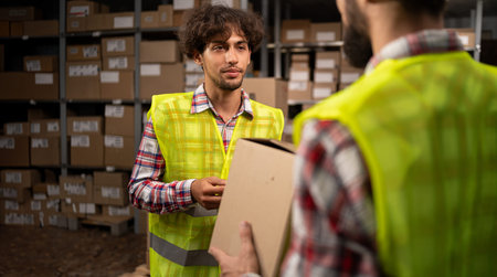 Logistics retail warehouse. Two warehouse workers preparing delivery with cardboard boxes, online orders, E-Commerce.の写真素材