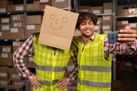 Happy warehouse team with box on head taking a group selfie in workwear. Multiracial logistics...