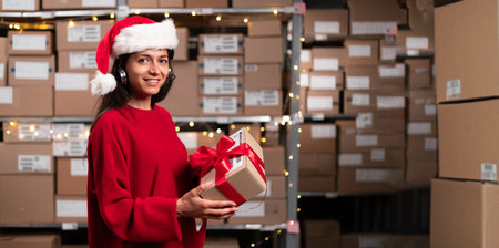 A delivery service woman talking on voice picking headset and holding order gift box with red ribbon.の写真素材