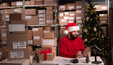 Male Inventory Manager wearing Santa Claus hat holding digital tablet working in storeroom. Stock of parcels with products for shipment on the background.の写真素材