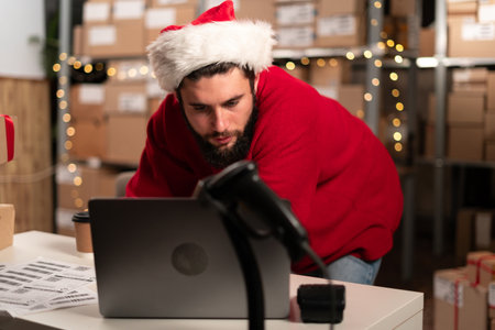 Inventory manager using laptop computer in storeroom, preparing cardboard boxes for postage. Working in warehouse, fulfilling orderの写真素材