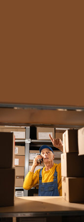 Warehouse elderly worker counting shipment on shelves align with total box number in stock on smartphone to confirm the inventory before delivery.の写真素材