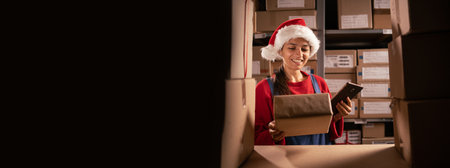 Female inventory manager using tablet computer and holding cardboard package. Stock of parcels with products ready for shipment in the foreground. Christmas warehouseの写真素材