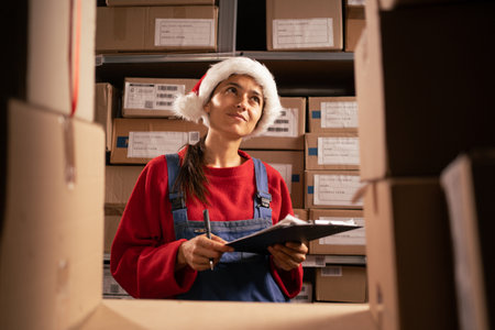 Female worker checking inventory, writing in clipboard. Woman working in a warehouse storeroom with rows of shelves with orders ready for shipment.の写真素材