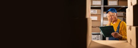 Tired elderly worker with clipboard near rack of cardboard boxes at warehouse has trouble with inventory managementの写真素材
