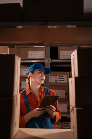 Manager checking inventory uses digital tablet. Young woman working in warehouse with rows of shelves full of parcels.の写真素材