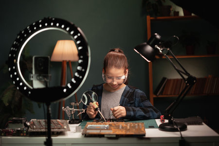 Happy smiling girl blogger with ring light and smartphone streaming at home, talking about soldering...