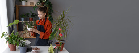 Teen gardener with plants in room at home. Childrens care of indoor plants. Transplanting flowers.の写真素材
