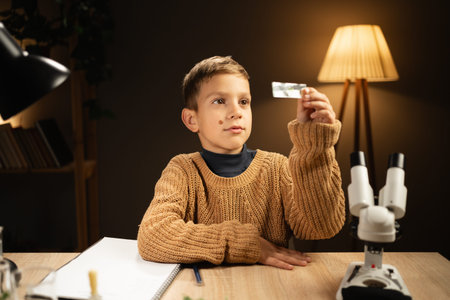 A little boy at home studies plants using a microscope, looks enthusiastically at the microscope...