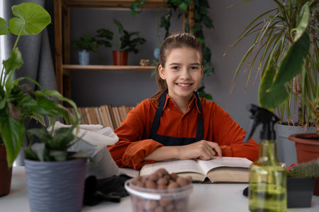 Children, gardening and housework concept. Teen girl with book planting pot flowers at homeの写真素材