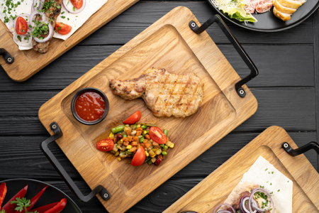 BBQ Steak. Barbecue grilled pork steak meat with vegetables and sauce. Unhealthy Food.の写真素材