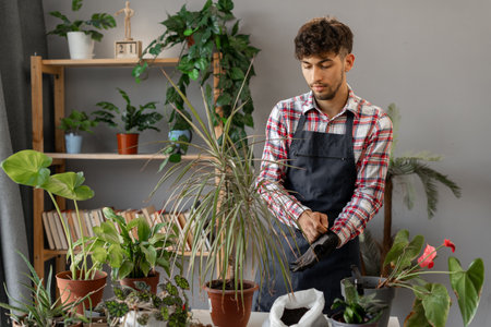 Spring hobby, happy arabic young man transplanting houseplant in flowerpots at home, gardening plant in house garden. Flower careの写真素材
