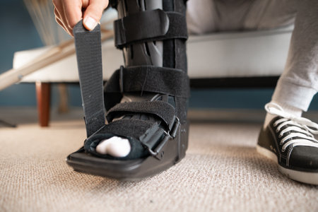 Man with ankle orthosis on leg sitting on the sofaの写真素材