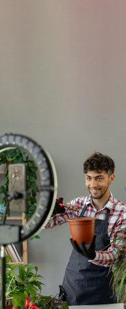 Arabic male gardener influencer films video for blog gives recommendations how to transplant potted flower, pouring drainage broadcasts livestream shoots content. Copy spaceの写真素材