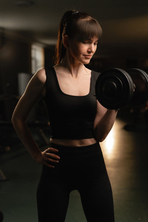 Focused female athlete exercising with dumbbells for biceps in gym, heavy workoutの写真素材