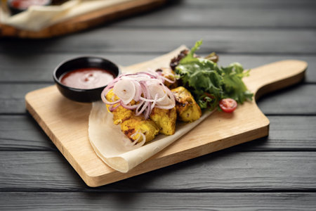 Grilled chicken kebab served with pita bread and pickled onions on a wooden board. Picnic